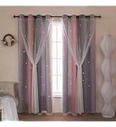 LOHUT Pink and Grey Curtains Nursery Kids Curtains for Bedroom Star Blackout Window Curtain for G...