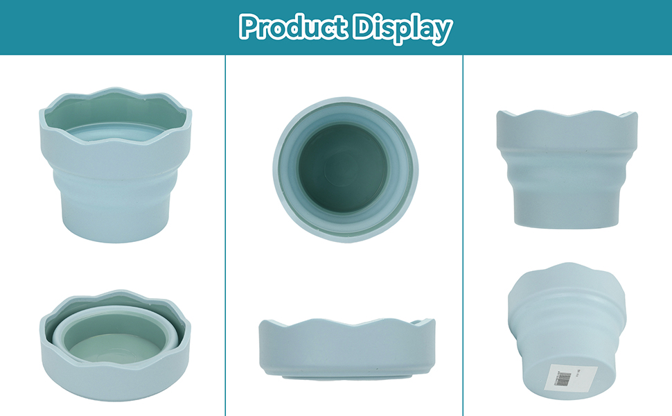 Six views of a light blue collapsible silicone cup or container with a wavy rim, shown expanded and collapsed.