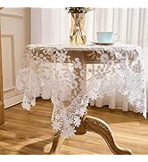 Raedan Floral Lace Tablecloth Ivory with White Gold Embroidered Flowers 33”x33” Square Small Tabl...