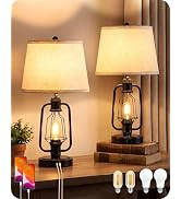 GOEBLESON Farmhouse Table Lamps Set of 2, Industrial Bedside Table Lamps with USB Ports, Rustic V...