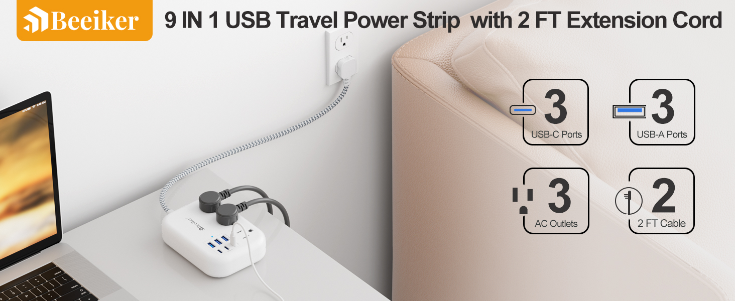 Short Extension Cord 2 Foot- 6 USB(3 USB C) Travel Power Strip with 24W USB and 3 Outlets