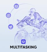 Illustration of a motorcycle rider in racing position, surrounded by circular icons representing different tasks. Text below reads 'MULTITASKING'.