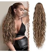 FESHFEN Long Ponytail Extensions, 26 inch Drawstring Curly Wavy Clip in Ponytails Hairpieces Synt...