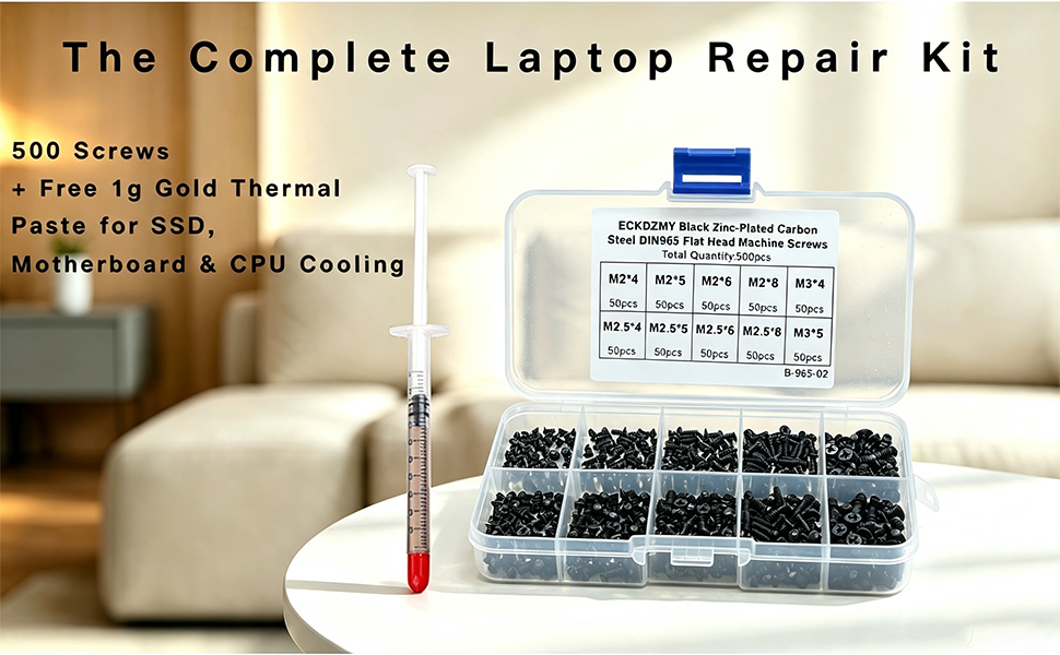 500pcs ECKDZMY laptop repair screw kit with 1g gold thermal paste for SSD motherboard CPU cooling.