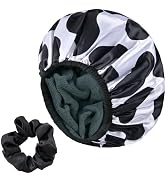 Yonchic Black Cow Print Satin Shower Cap, Three-Layer Terry Cloth Lined, with Silk Hair Ties, Mic...