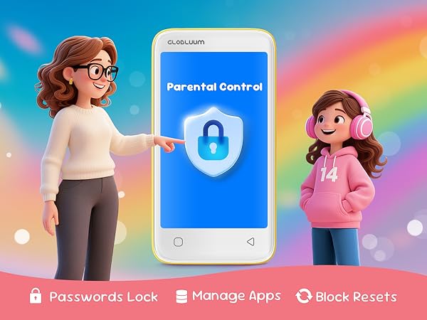 Kids’ MP3 player with parental controls, password lock, app management, and reset blocking