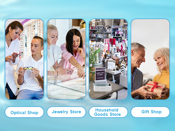 Series of retail store icons and images showing Optical Shop, Jewelry Store, Household Store, and Gift Shop with corresponding service scenes.