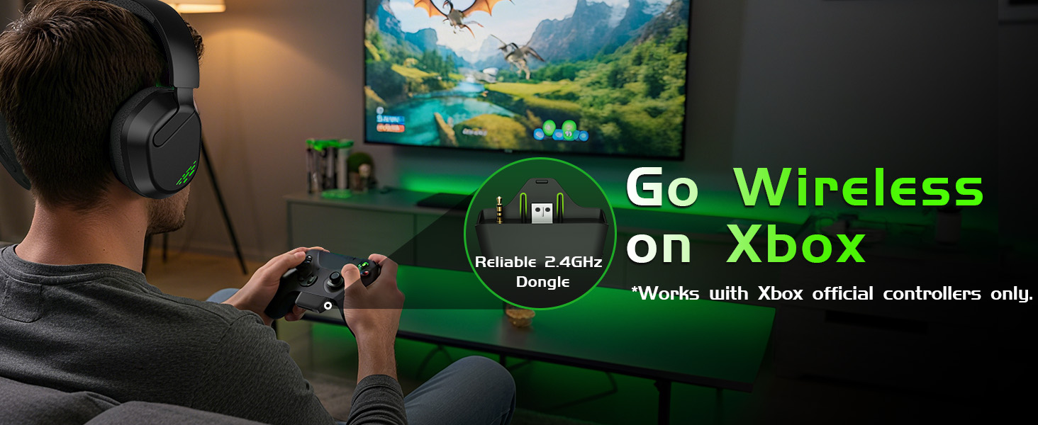 Wireless Xbox headset connects exclusively to official Xbox controllers for gaming.