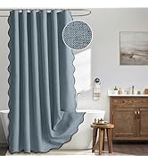 MIULEE Dusty Blue Scalloped Shower Curtain Linen Textured with 12 Metal Hooks Cute Heavy Duty Was...