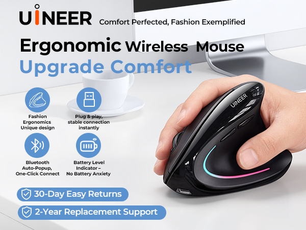 Text reads 'UNEER Comfort Protected, Fashion Exemplified Ergonomic Wireless Mouse Upgrade Comfort' with feature icons for 'Fatigue-free design', 'Ergonomic shape', 'Bluetooth connectivity', and 'Battery Level Indicator'. Black ergonomic wireless mouse held in hand showing curved contoured design. Blue accents visible. '30-Day Easy Returns' and '2-Year Replacement Support' badges displayed.