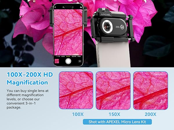 APEXEL 100X/150X/200X/3-IN-1 Phone Microscope Lens