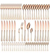 A · HOUSEWARE Rose Gold 60-Piece Silverware Set, Stainless Steel Flatware Cutlery Set for Home an...