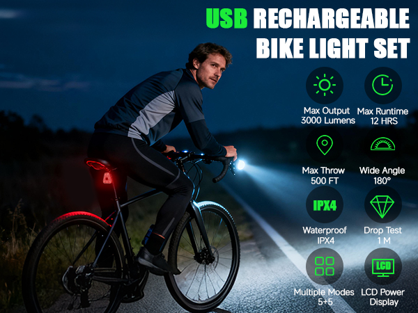 USB RECHARGEABLE BIKE LIGHT SET
