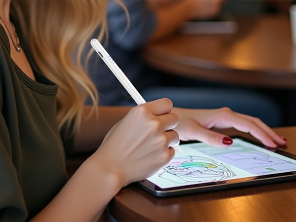 Digital tablet with stylus being used for drawing or note-taking on a reflective surface in a dimly lit setting.