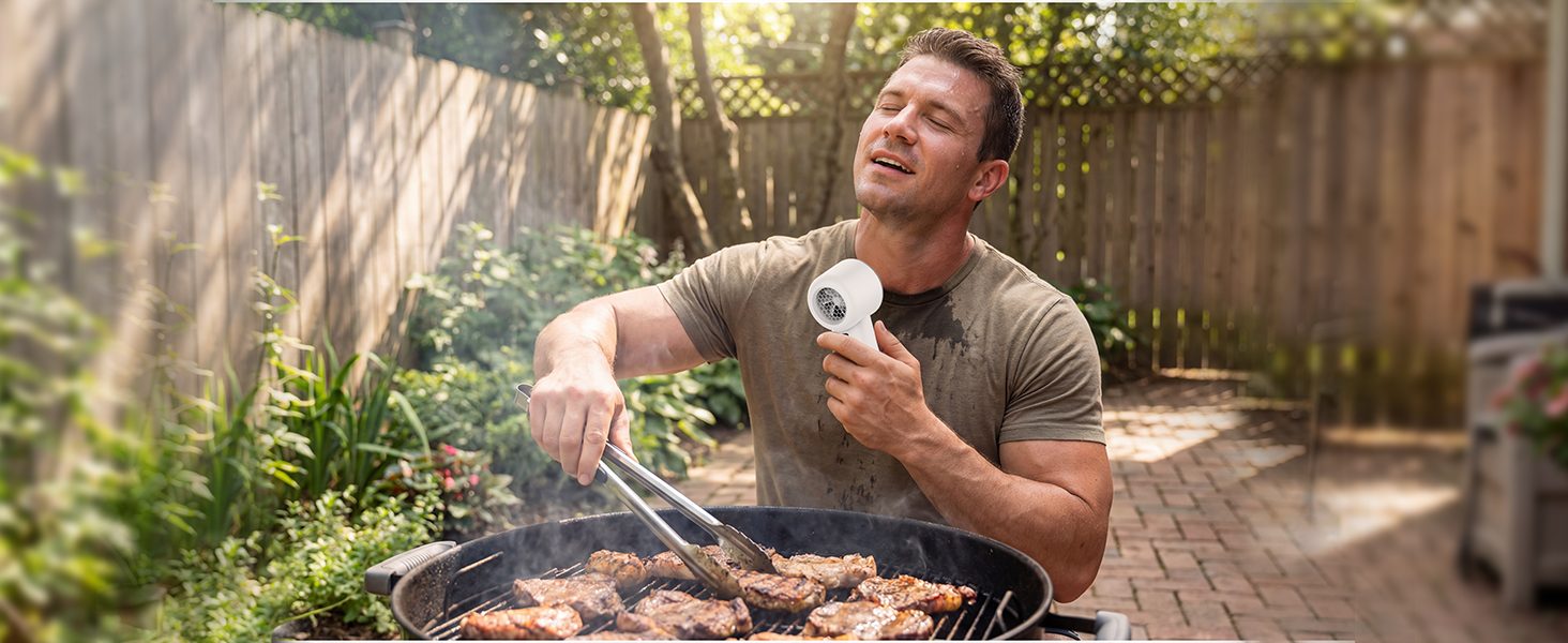 Grilling outside? This turbo fan keeps you cool – enjoy the heat, not the sweat.