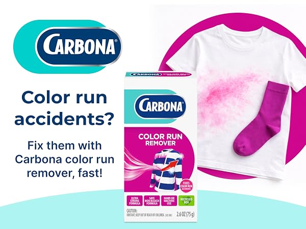 Carbona color run remover for fixing dye transfer and restoring whites and colorfast clothing