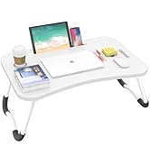 BUYIFY Folding Lap Desk, 23.6 Inch Portable Wood White Laptop Bed Desk Lap Desk with Cup Holder, ...