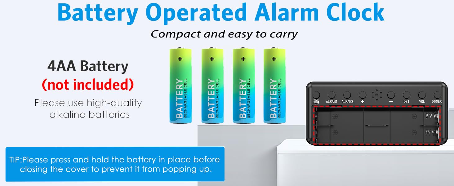 Digital Clock for Bedroom, Battery Powered Bedside Alarm Clock with 4 Adjustable Brightness