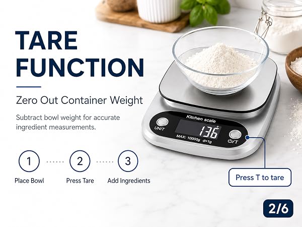 Digital kitchen scale with tare function for measuring ingredients without container weight.