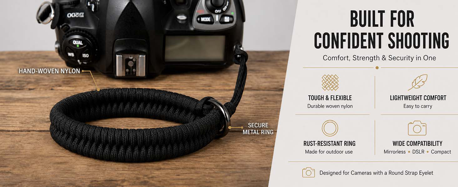Black woven nylon camera wrist strap with secure metal ring for DSLR and mirrorless cameras