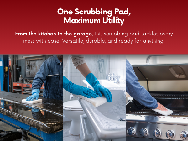 one scrubbing pad, maximum utility, good for every surface and context