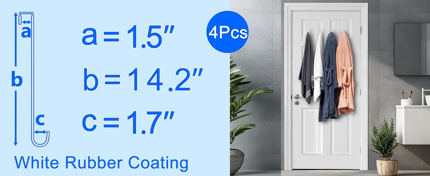 Two bath towels and two bathrobes hang from four hooks on bathroom door with hook size
