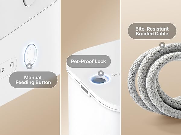 Text reads 'Manual Feeding Button', 'Pet-Proof Lock', 'Bite-Resistant Braided Cable'. Pet water fountain with manual feeding button, pet-proof lock mechanism, and bite-resistant braided cable displayed across three product detail panels.