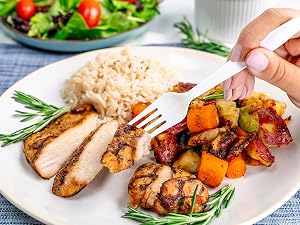 Fork in piece of chicken.