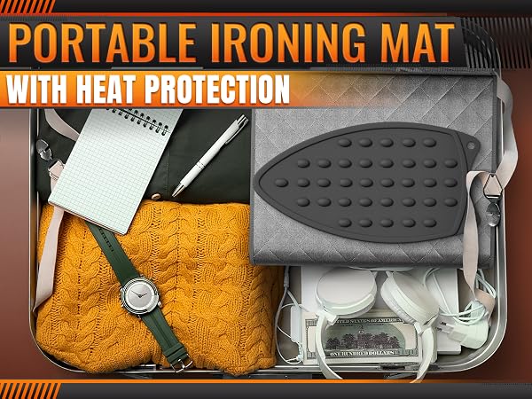 ironing pad for table packed in suitcase showing portable ironing setup for travel