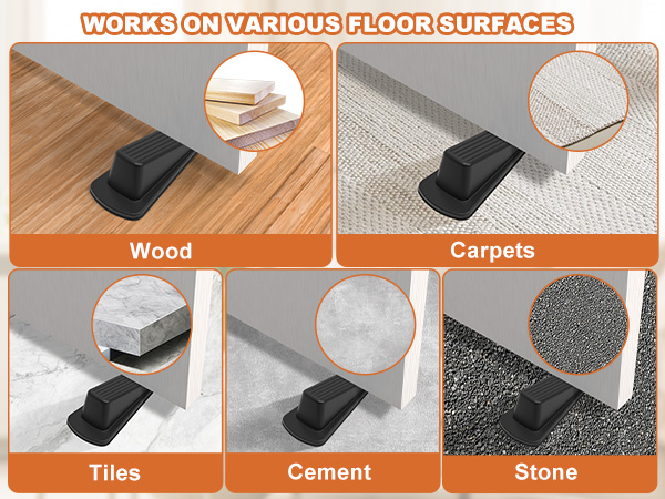 door stoppers are suitable for floors such as hardwood, carpet, concrete, tile, linoleum, stone