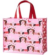 WRAPAHOLIC 13" Dachshund Valentine's Day Large Reusable Gift Bag with Handles - Pink Kiss Dachshu...