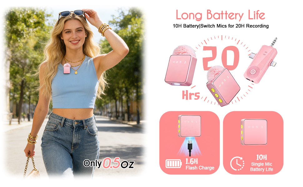 Long Battery Life:10H Battery|Switch Mics for 20H Recording