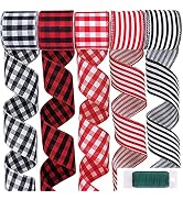Winlyn 5 Rolls Assorted Rusitic Wired Ribbons Buffalo Check Plaid Ribbon Striped Ribbon 2.5" by 6...