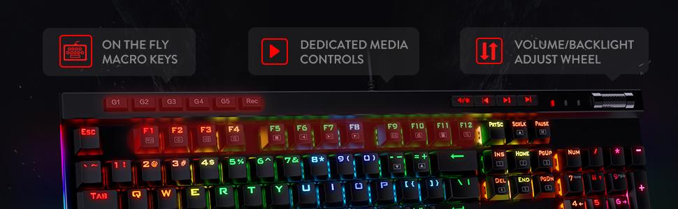 Redragon K580 keyboard macro keys and media wheel for MMO play speed audio control