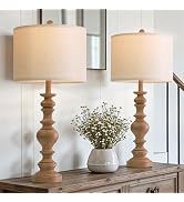 BOBOMOMO 27" Light Brown Table Lamps Set of 2, Large Farmhouse Resin Lamps with Linen Shades, Rus...