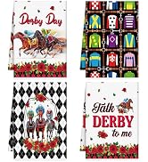 VISSTREE Horse Racing Kitchen Towels Set of 4, Red Rose Derby Hand Towel, Microfiber Kentucky Dis...