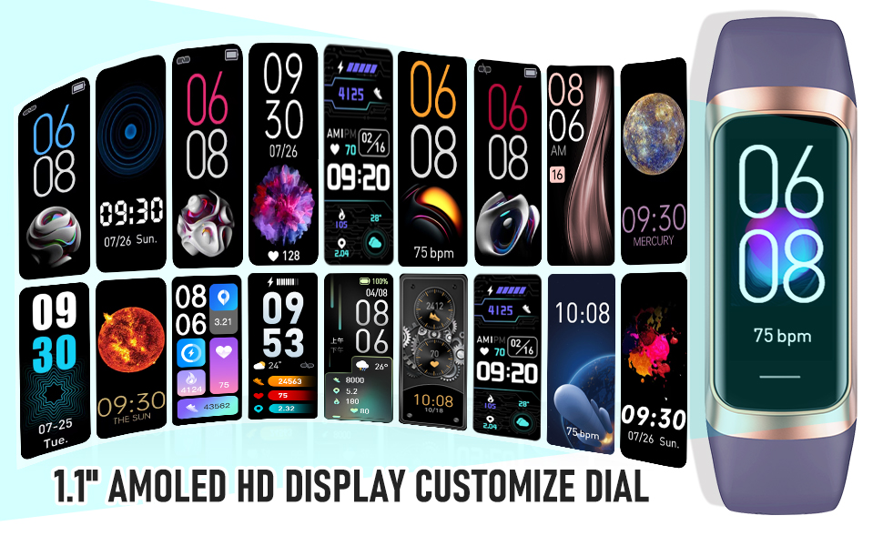 Text reads '1.1" AMOLED HD DISPLAY CUSTOMIZE DIAL'. Series of digital watch face designs showing various time displays and customization options on dark backgrounds.