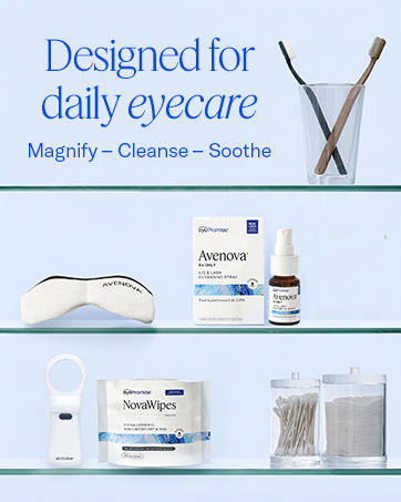 Designed for daily eye care: Magnify, Cleanse, Soothe, with Avenova spray, NovaWipes, and masks.