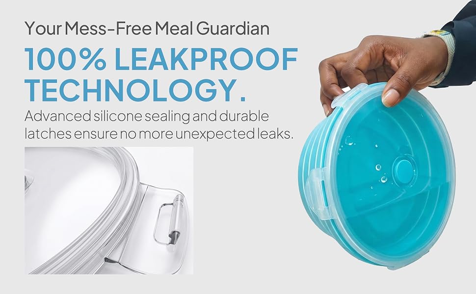Leakproof blue silicone container held sideways showing tight seal and durable snap latches.