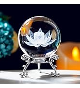 HDCRYSTALGIFTS 3D 60mm Carving Lotus Flower Crystal Ball with Stand Paperweight,Fengshui Glass Ba...