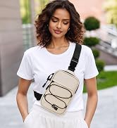Woman wearing cream white tactical crossbody sling bag, urban street