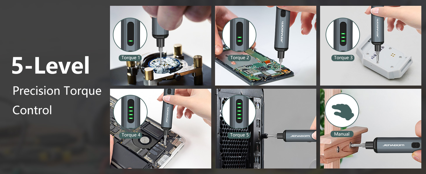 Precision electric screwdriver with 5-level torque control, shown in various electronics repair scenarios. Features digital display and USB-C charging port.