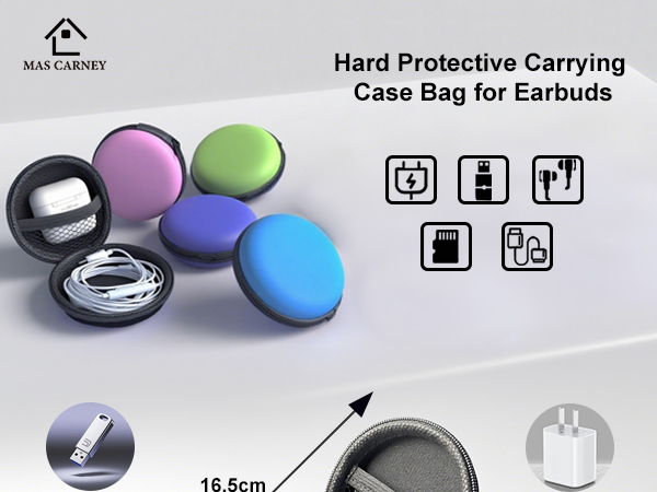 Text reads 'Hard Protective Carrying Case Bag for Earbuds'. Product showcase of colorful spherical earbud cases with technical specifications and feature icons displayed.