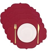 yuuzue Faux Linen Oval Placemats Set of 4, Double-Sided Scalloped Embroidered Cotton Placemats, W...