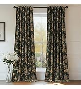 RYB HOME Green Velvet Curtains 84 inches Long, Printed Floral Bird Vintage Design Home Decoration...