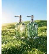 AmazerBath Soap Dispenser, 2 Pack Green Glass Soap Dispenser with Pump Stainless Steel, 14.2OZ Re...