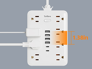 MCSCN power strip 1.3-inch widely spaced outlets 8AC 6USB flat plug