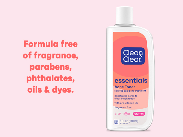 bottle of Clean & Clear Essentials Acne Toner on coral colored background, fragrance & oil free