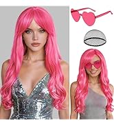 PLULON Hot Pink Curly Wigs with Heart Sunglasses for Women, 28 Inch Long Curly Wavy Wig Neon Part...