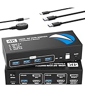 HDMI DisplayPort KVM Switch 2 Monitors 2 Computers, 4K@60Hz Dual Monitor KVM Switches HDMI Displa...